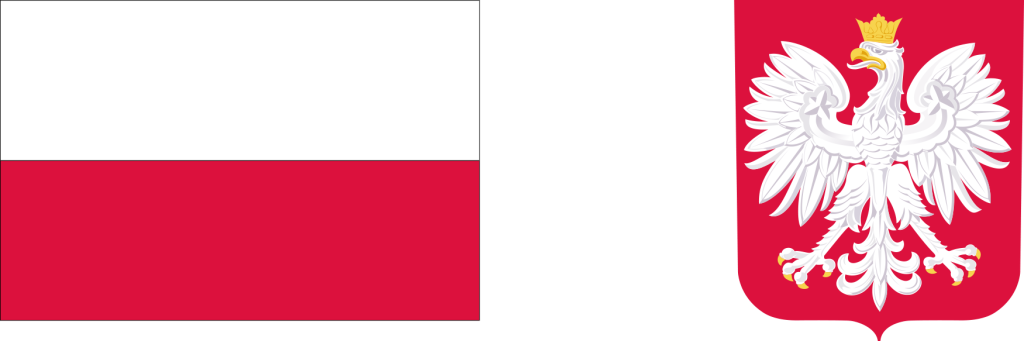 Po lewej stronie znajduje się Biało - czerwona flaga Polski, natomiast po prawej Godło Polski - Orzeł Biały w złotej koronie na czerwonym tle